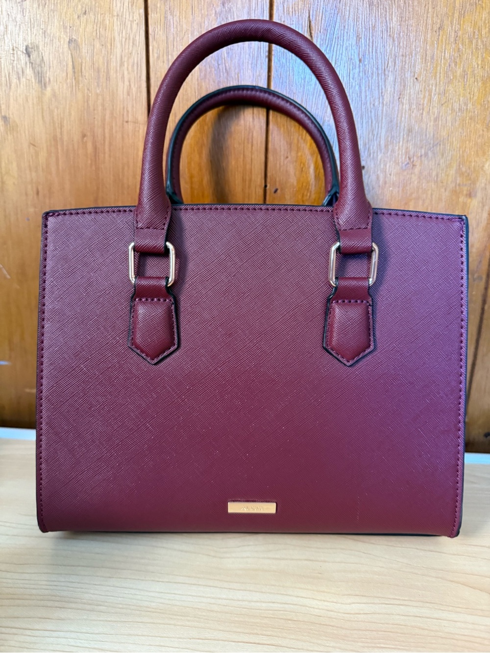 ALDO Burgundy Saffiano Structured Satchel Handbag Gold-Tone Hardware. V